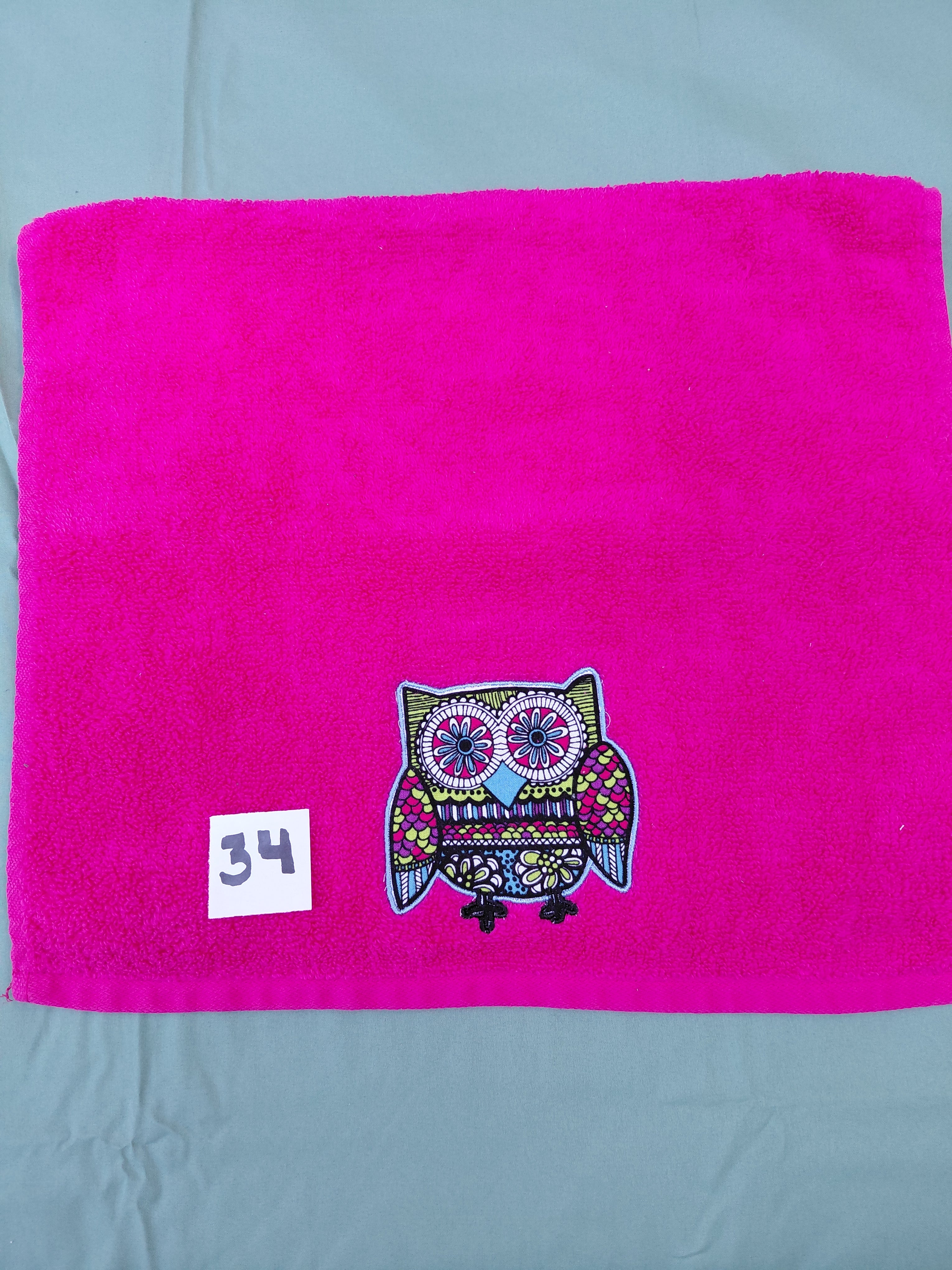 Magenta Sky Blue Owl Embellished Hand Towel